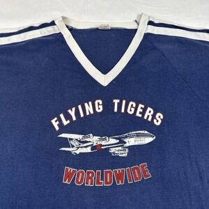 VTG Bantam 80s Flying Tigers Worldwide T Shirt Sz XL V Neck Blue 50/50 Striped